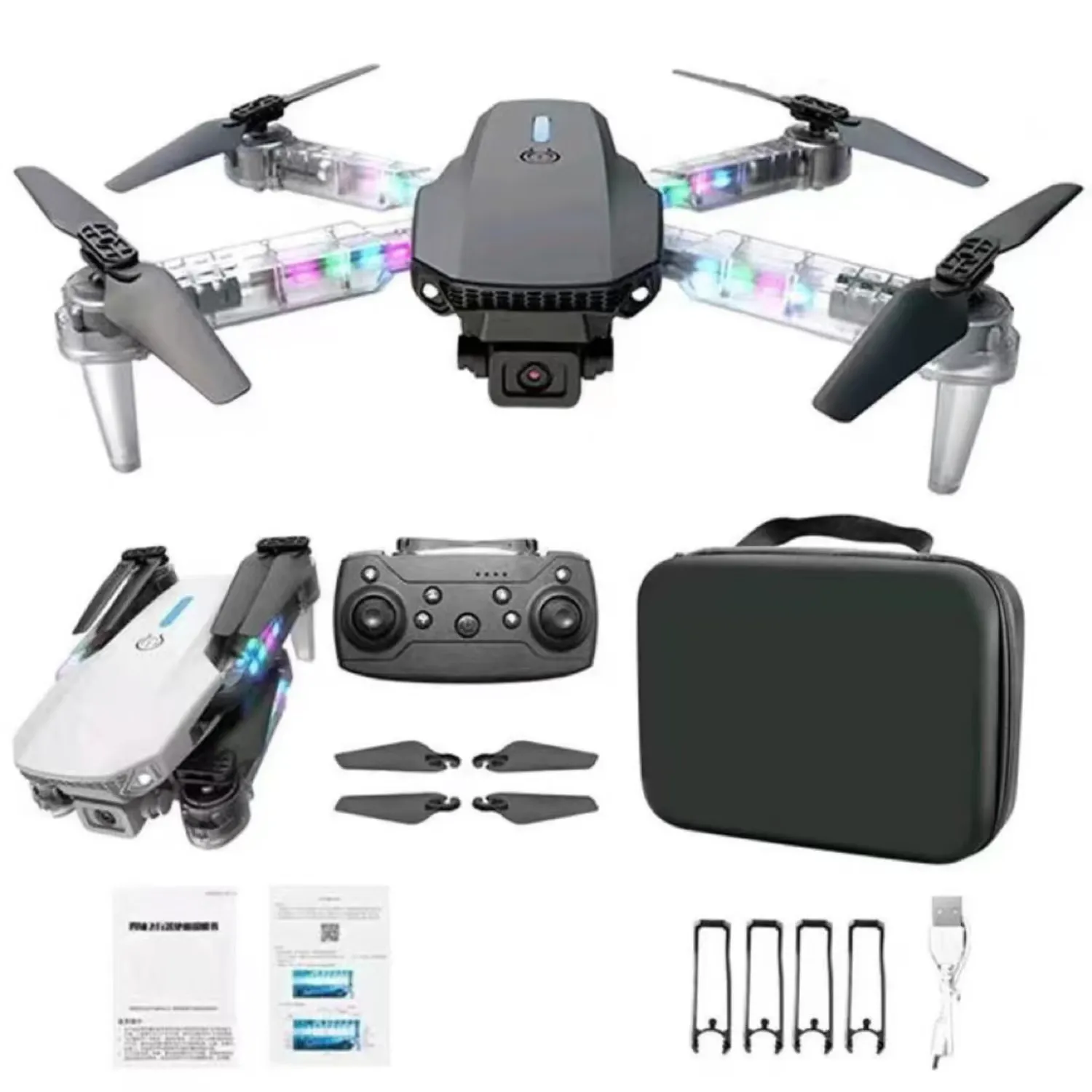 Drone E88D Max con Doble Camara HD luz RGB incluye Estuche y Repuestos