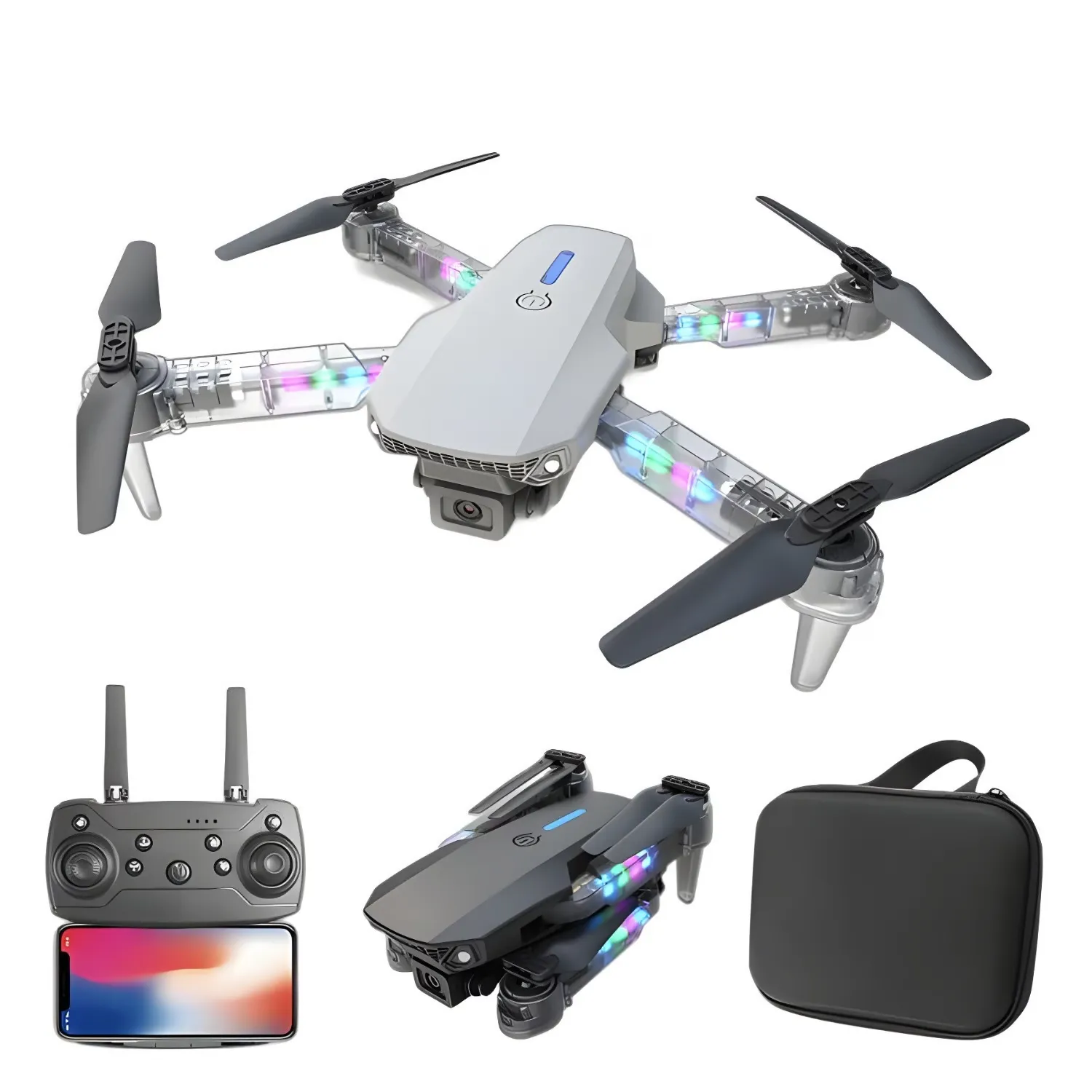 Drone E88D Max con Doble Camara HD luz RGB incluye Estuche y Repuestos en Lima - vista lateral