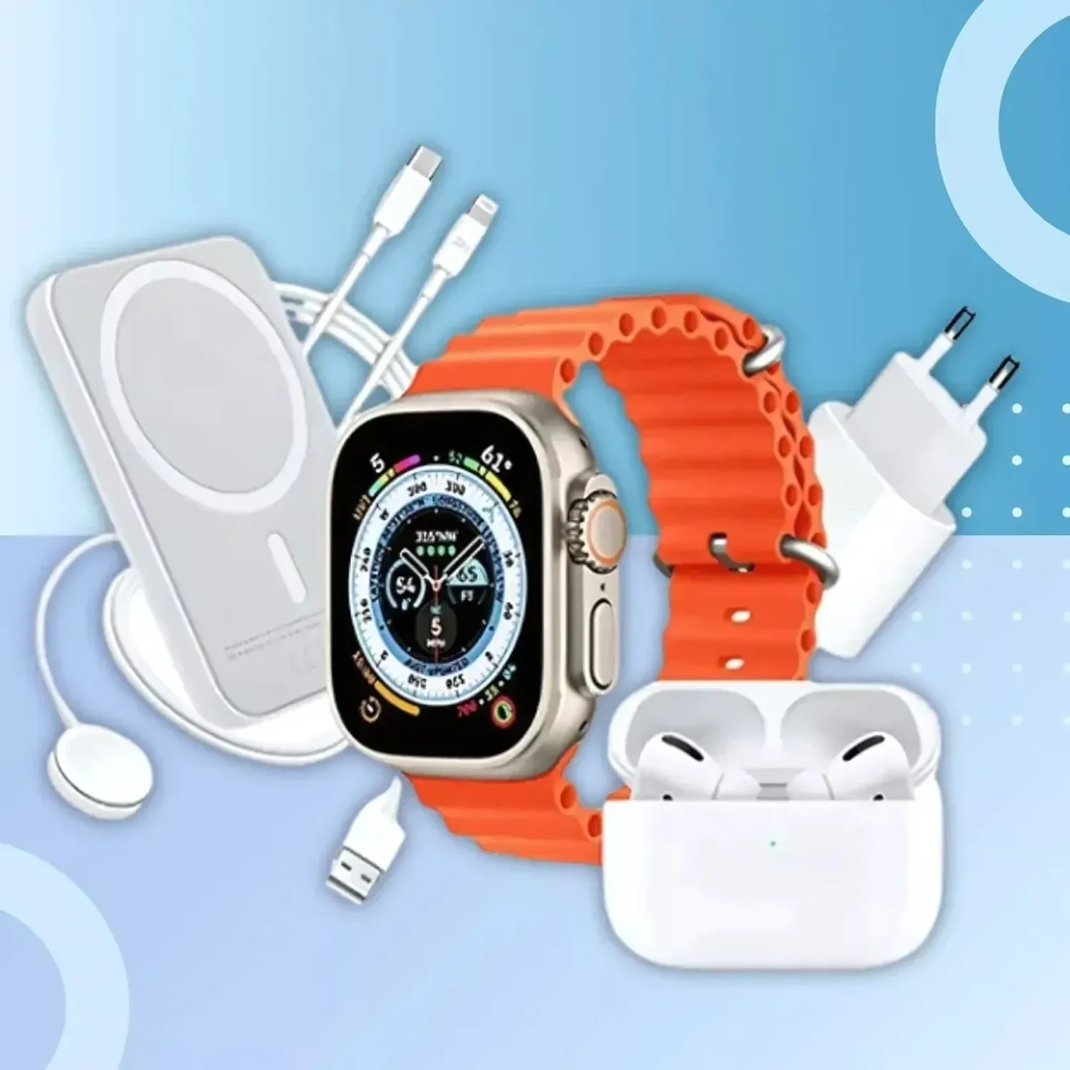 Pack 8 en 1 - audífonos + iwatch + cargador + Batería y cable de carga en Lima - vista superior